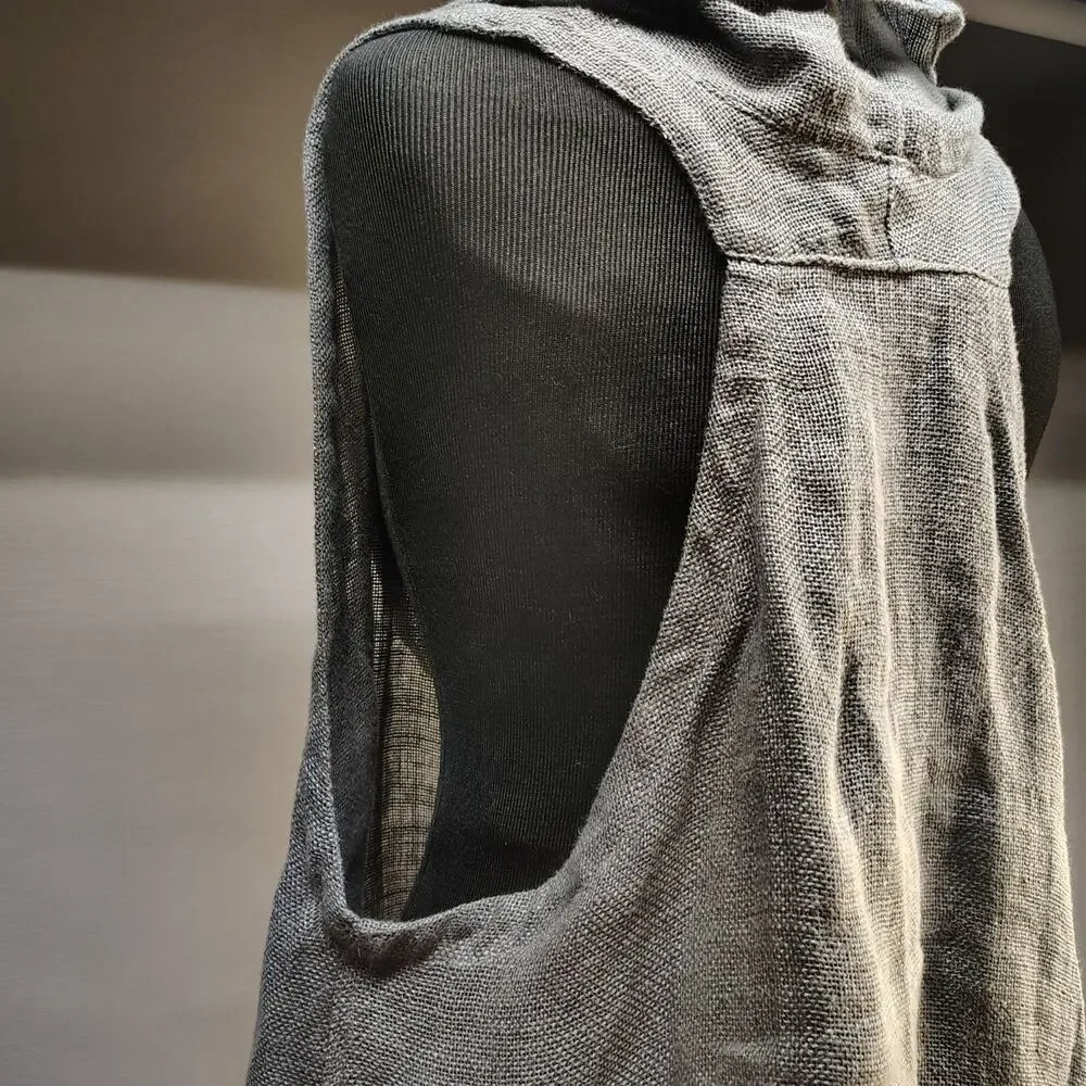Free People 100% Linen Swing It Cowl Neck Tank Grey Waffle Knit Oversized Racerb